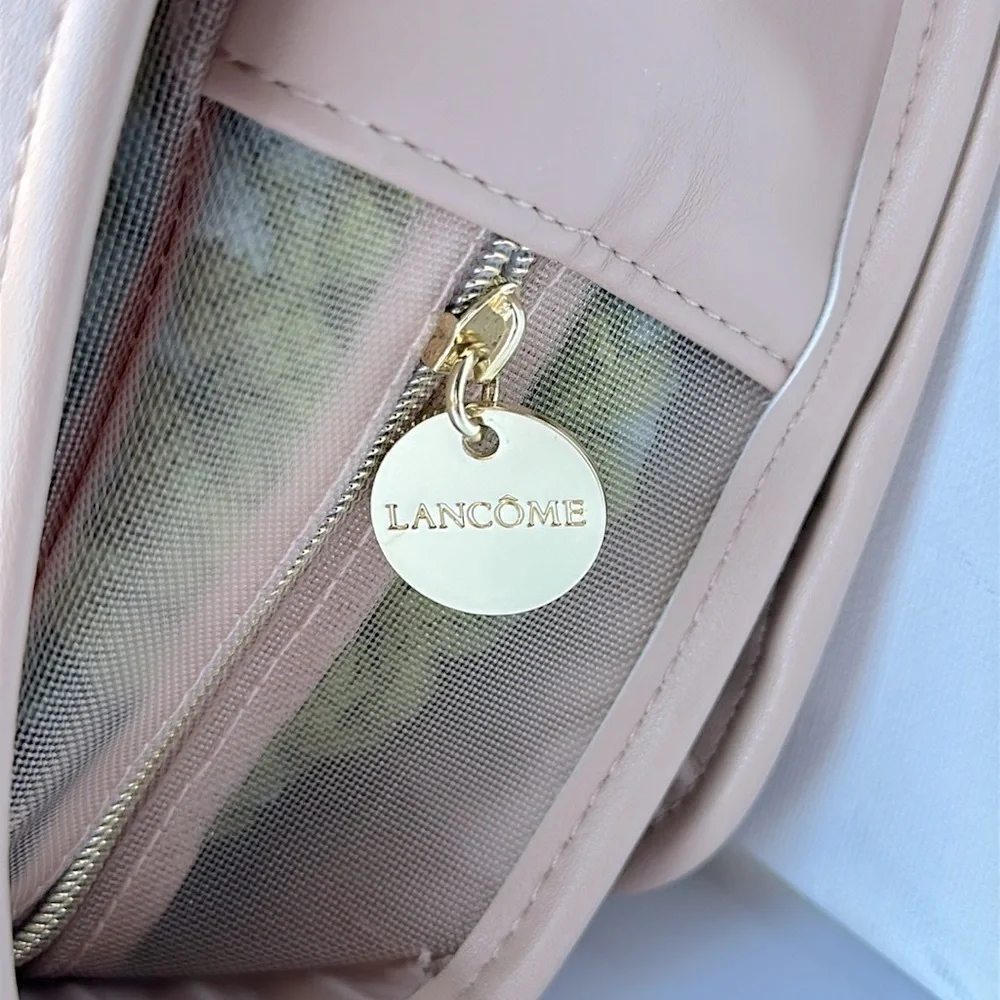 Lancome Faux Leather Tri - Fold Cosmetic Makeup Bag Train Case ~ Nude/Tan